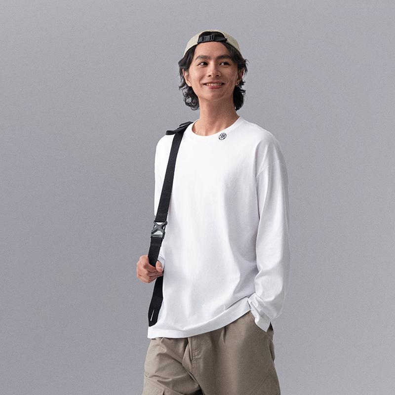 Li Ning CF Letter Print Casual Sports Crew Neck Pullover Long Sleeve Drop Shoulder T-Shirt Men Tops Standard-White ATLU113-2