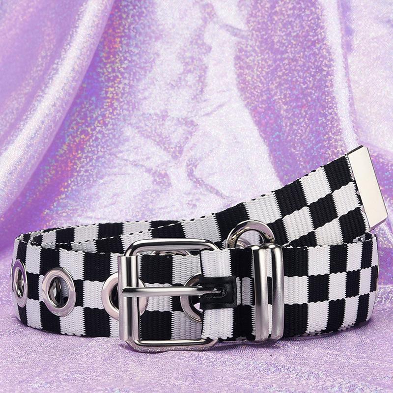 

Радужный клетчатый холщовый ремень с пряжкой-штифтом 105 cm чёрный/белый