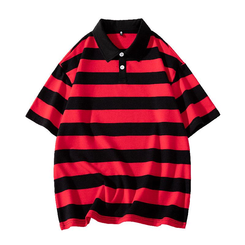 Men and Women Summer Loose Solid Color Couple Hong Kong Style Double Pearl Cotton Short Sleeved T-shirt Polo Collar Shirt