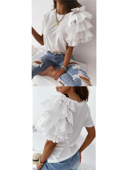 2026 Summer Fashion Women's Ruffle Short Sleeve Round Neck T-shirt, European and American Style