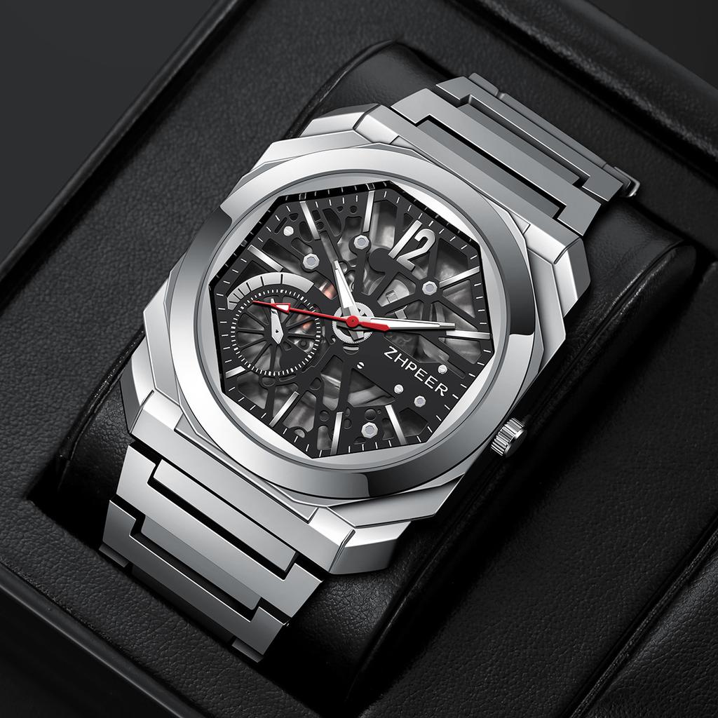 Men's Steel Strap Watch Business Hallow Quartz Wristwatch