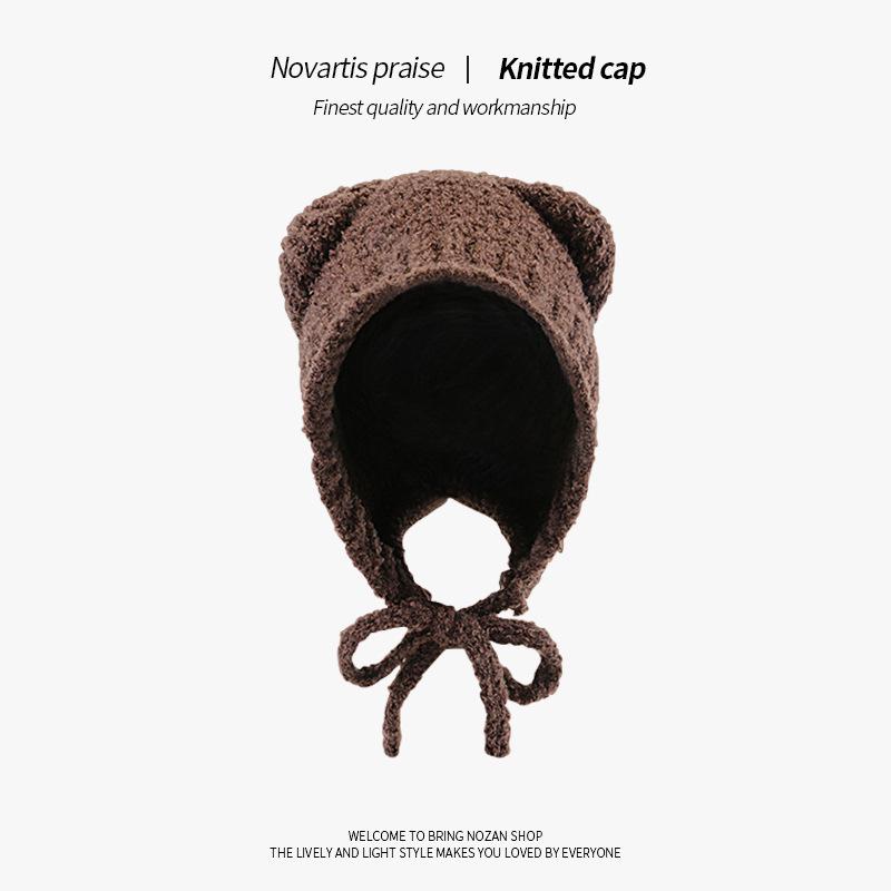 

Теплая плюшевая шерстяная шапка-бини с мягкими медвежьими ушками - Уютная зимняя шапка One Size