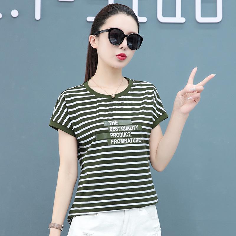 Women's White Striped Pure Cotton Short-Sleeve Round Neck T-Shirt, Summer 2025 Collection, Loose Fit