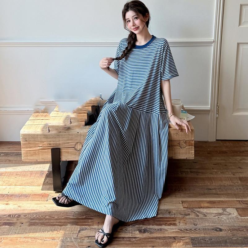 Short Sleeve Plus Size Cotton Vintage Stripe New In Dresses for Women Casual Loose Long Summer Dress