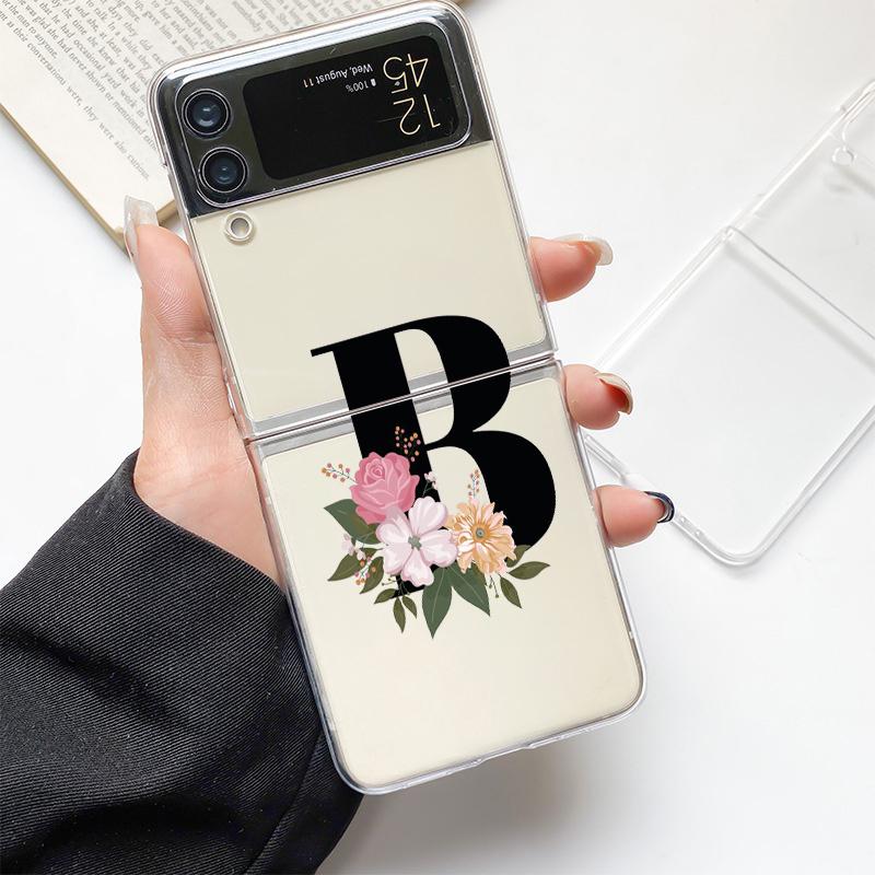 Flower Letters S Fashion Phone Case For Samsung Galaxy Z Flip 3 4 5 6 7 Hard Folding Z Flip4 Clear PC Cover Protector Gift