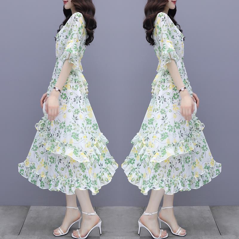 Elegantes florales Chiffonkleid Sommer Slim Taille Stufenrock Frischer Stil Mode