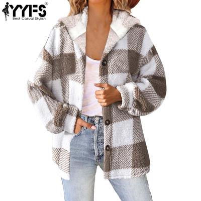 Women's Fashion Casual Plaid Print Autumn Winter Long Sleeve Hooded Jackets & Coats