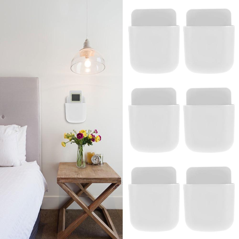 6pcs Self Adhesive Remote Control Holder White Phone Storage Box Wall Mounted Storage Box Schoo