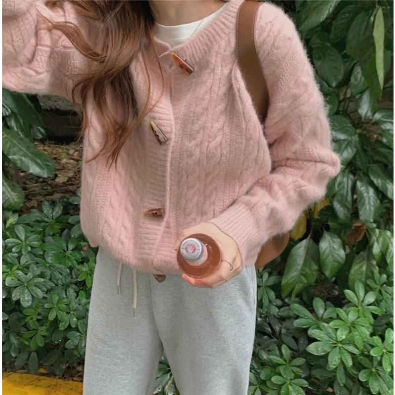 Women Solid Color Round Neck Horn Button Short Knit Cardigan Sweater Outerwear