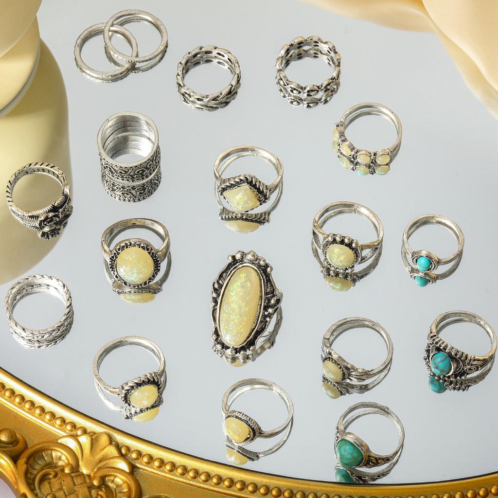 Retro Turquoise Gemstone 18Pcs Personality Combination Ring Set