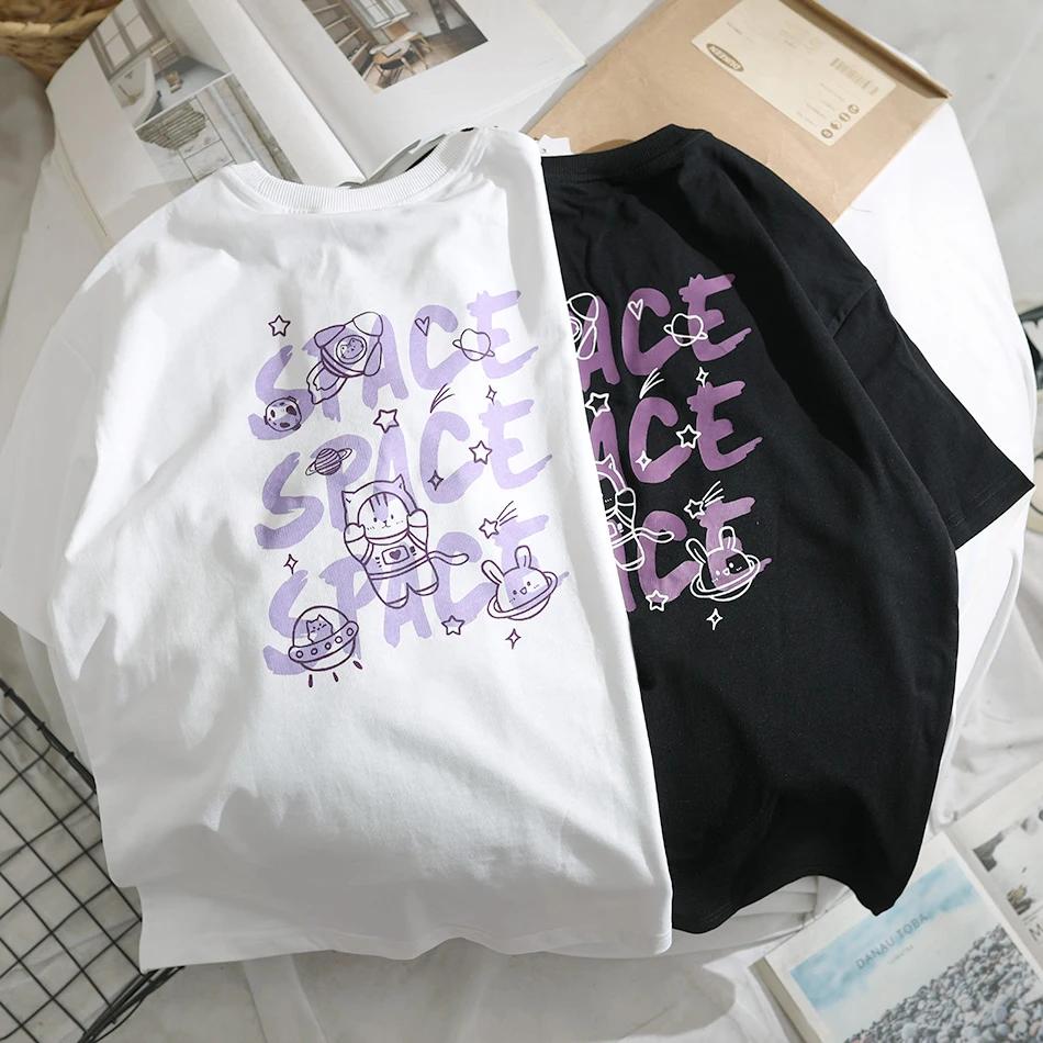 American Street Fun T-shirt Female Short Sleeved Summer Retro Harajuku Style Bf Pure Cotton Loose Couple Top Trendy Men  Women