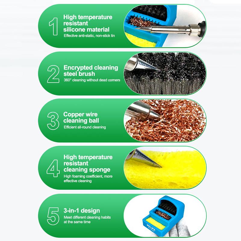 RELIFE RL-599C Solder Tip Cleaner 3-IN-1 Steel Brush/Copper Wire Ball/Sponge Welding Soldering Iron Tips Cleaning Tools