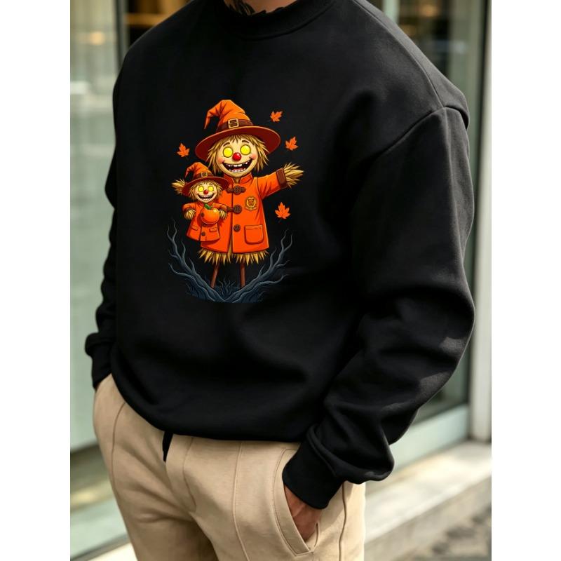 Men's Graphic Print Crew Neck Sweatshirt With Cute Scarecrow Pumpkin Halloween, Loose Fit Streetwear.