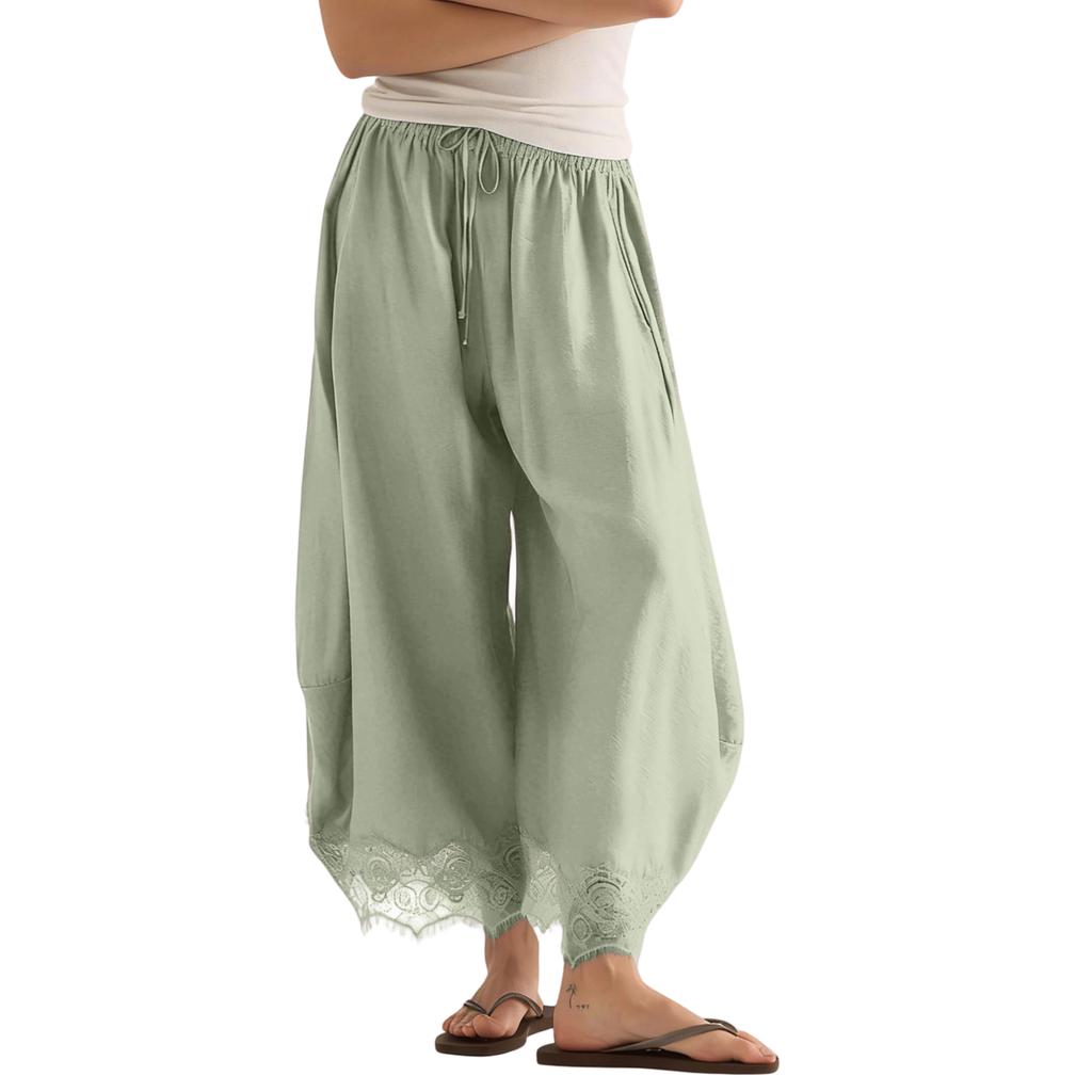 Women's Casual Wide Leg Pants Elastic Waistband Drawstring Bottom Hem Lace Trim Palazzo Trousers for Everyday Wear