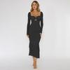 Hot-selling New Dresses In Europe and America, Sexy and Fashionable Square Neck Long-sleeved Splicing Mesh Fishtail Dress