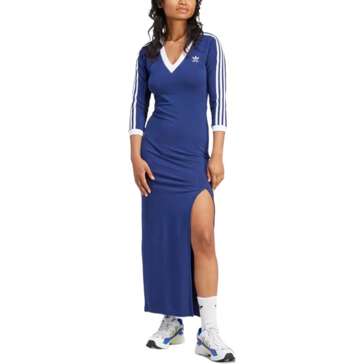 adidas Originals Adicolor Classics Vestido Maxi de 3 Rayas con Cuello en V y Manga Corta Vestido de Mujer Azul Marino IP2987