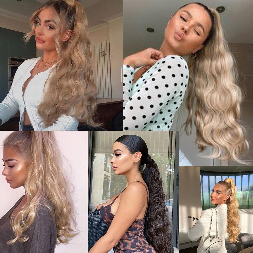 MERISIHAIR Corn Wavy Long Ponytail Synthetic for Women Hairpiece Wrap On Clip Hair Extensions Black Brown Pony Tail Blonde Hair