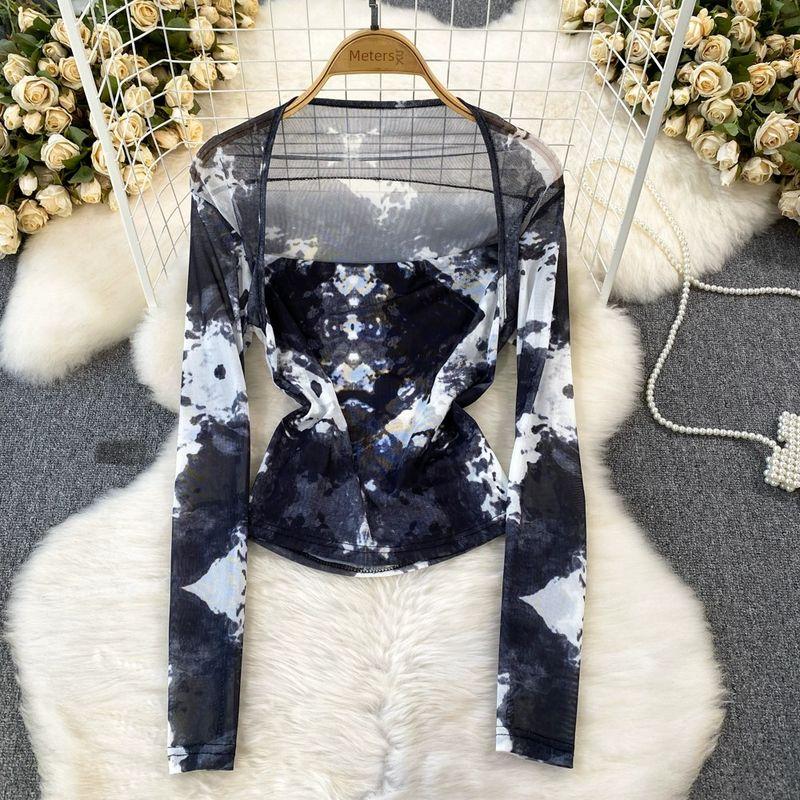 Long Sleeve Square-Neck Tie Dye Mesh Sunscreen Slim Fit Fake Two-Piece