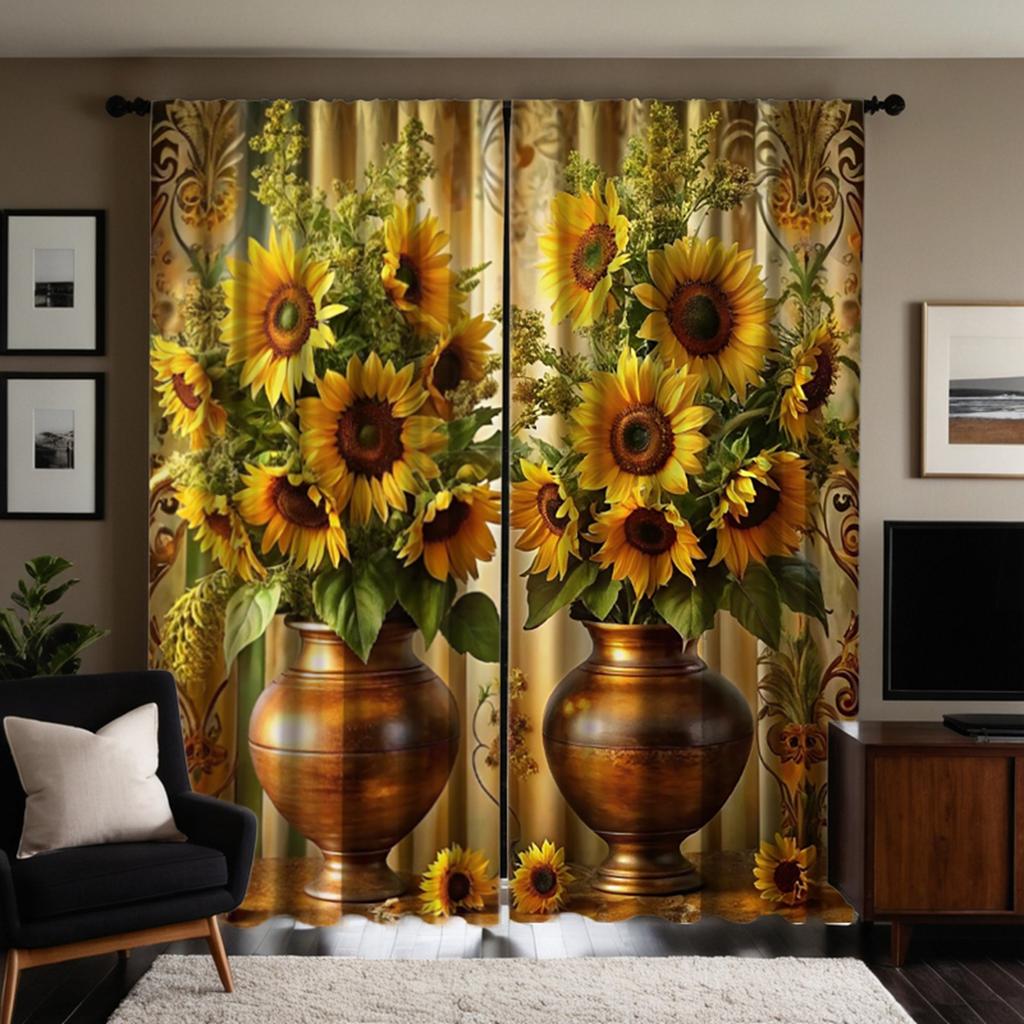 2pcs HD Digital Curtains Printed Yellow Tied Jar Sunflower Flower Home Decoration Style Decorate Living Room Bedroom Wear Rod