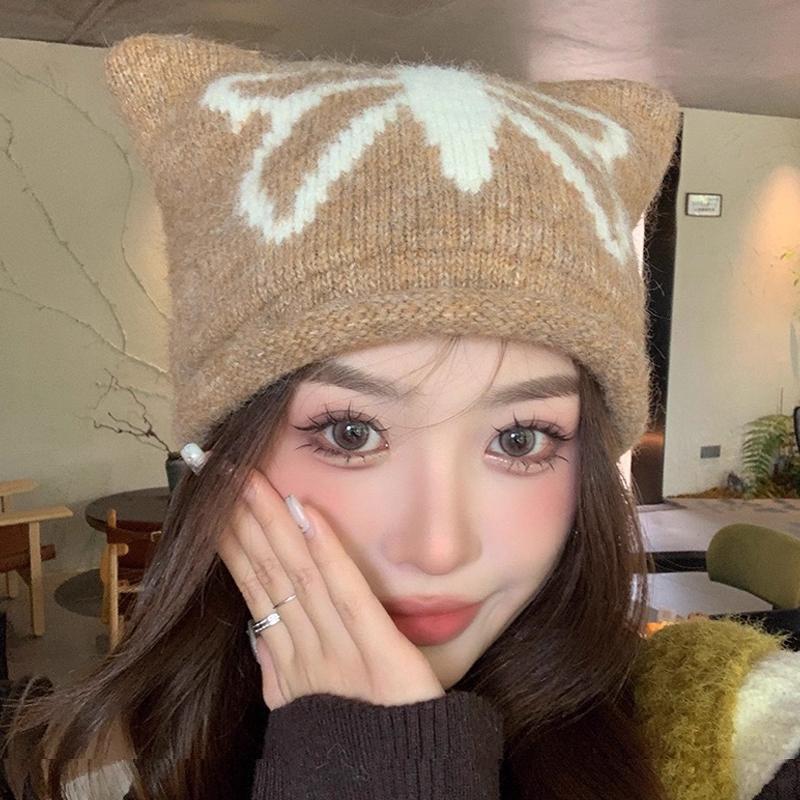 Autumn And Winter Cute Cat Ear Knitted Wool Hat Women'S Warm Ear Protection