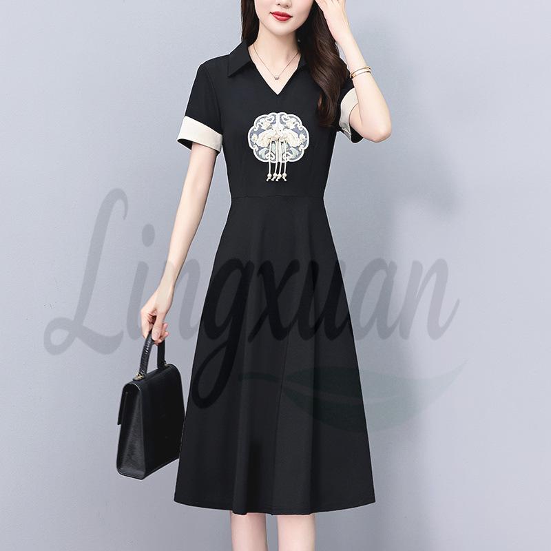 Trendy Plus Size Women s Summer Dress - Chinese Style Mid-Length Slimming Short Sleeve 3XL