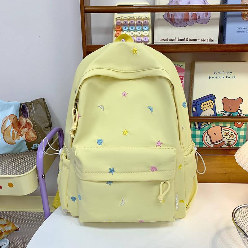 Waterresistant Student Backpack With Star And Moon Embroidery Design For Casual Travel And School