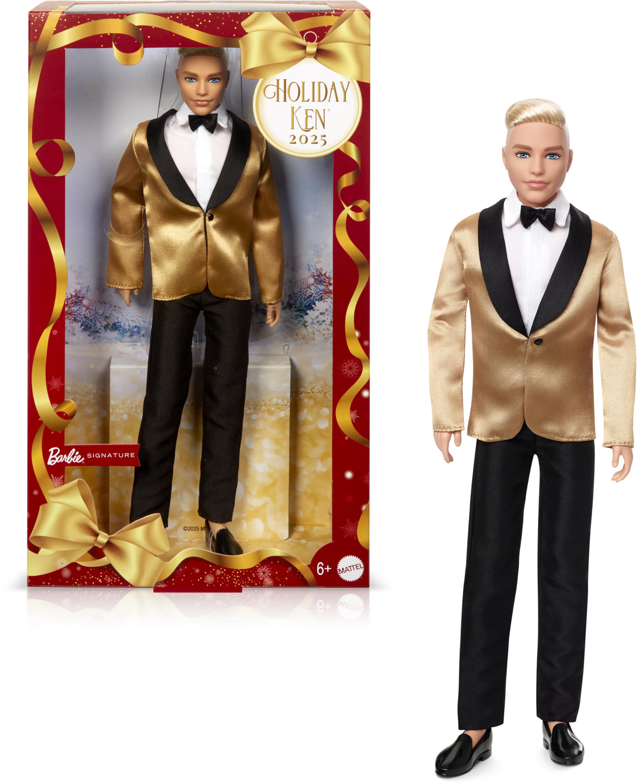 

Barbie Holiday Ken Blonde Signature Black Doll House for Pretend Ages 6 and Gold Dress-Up Play, Up, (JGK55)