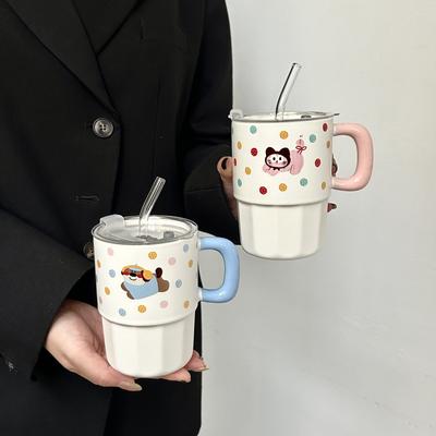 Niedliche Polka-Puppe Welpen Strohbecher Keramiktasse mit Deckel Pärchen-Wasserbecher Praktisches Geburtstagsgeschenk für Mädchen