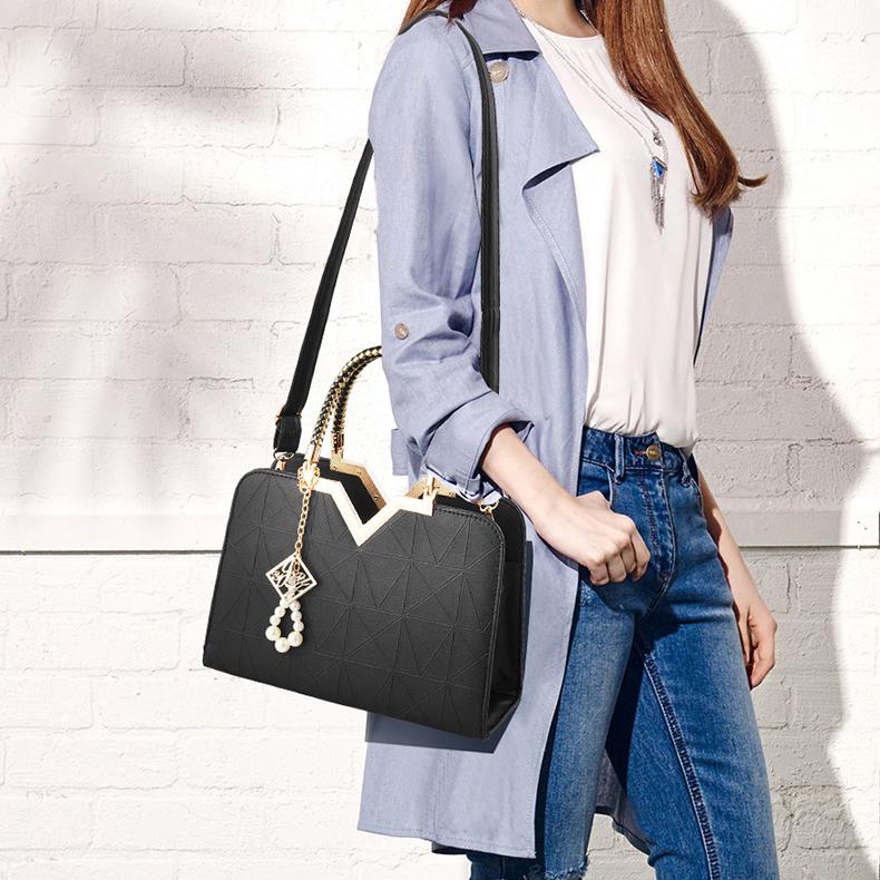 WTEMPO Ladies Zipper Handbags Large Capacity Wild Shell Bags Pearl Decoration Shoulder Messenger Female Casual Bags