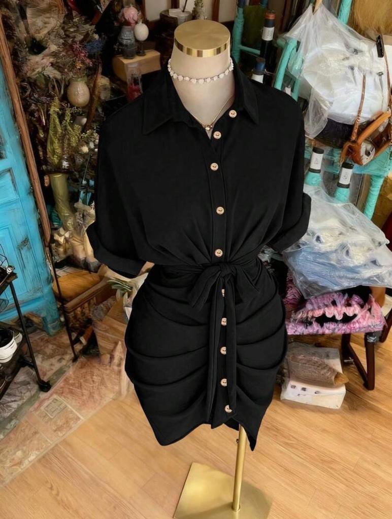 Elegant European & American Style Lace-up Shirt Dress with Adjustable Lapel and Waist-cinching Design - Fashionable Women's Attire for 2026.