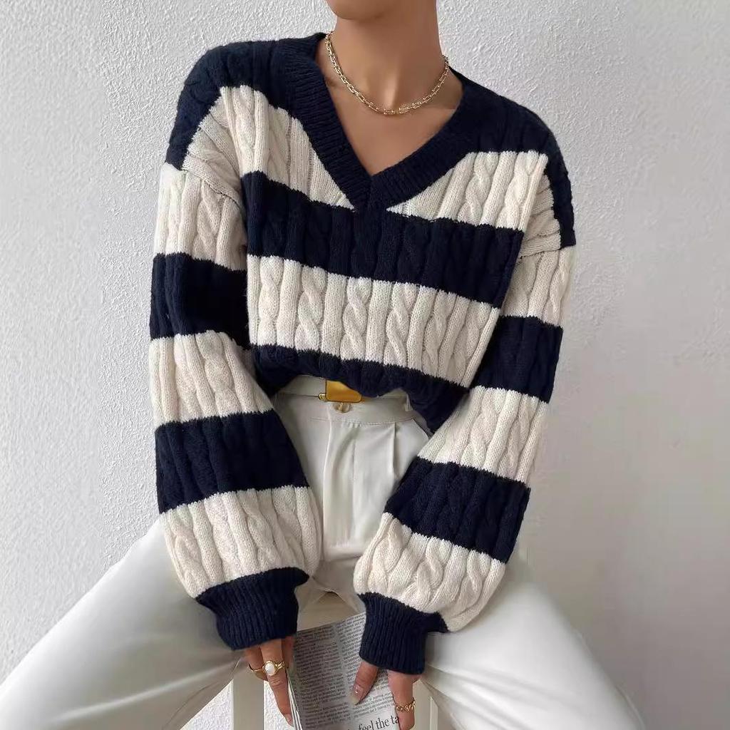 2024 Autumn/Winter V-neck Cable Knit Color Block Striped Sweater