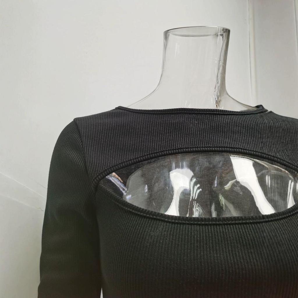 Women's 2024 Ribbed Hollowed-Out Long-Sleeve Top - Sexy Fashion with Chest-Revealing Design