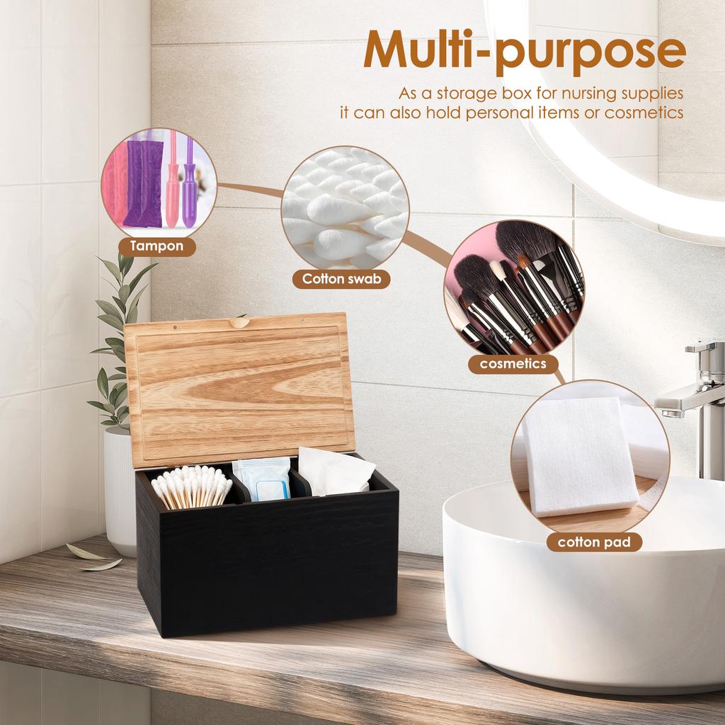 Wood Tampon Holder Sanitary Napkin Storage Bin with Lid and 2 Removable Dividers Feminine Product Organizer for Kitchen Bathroom