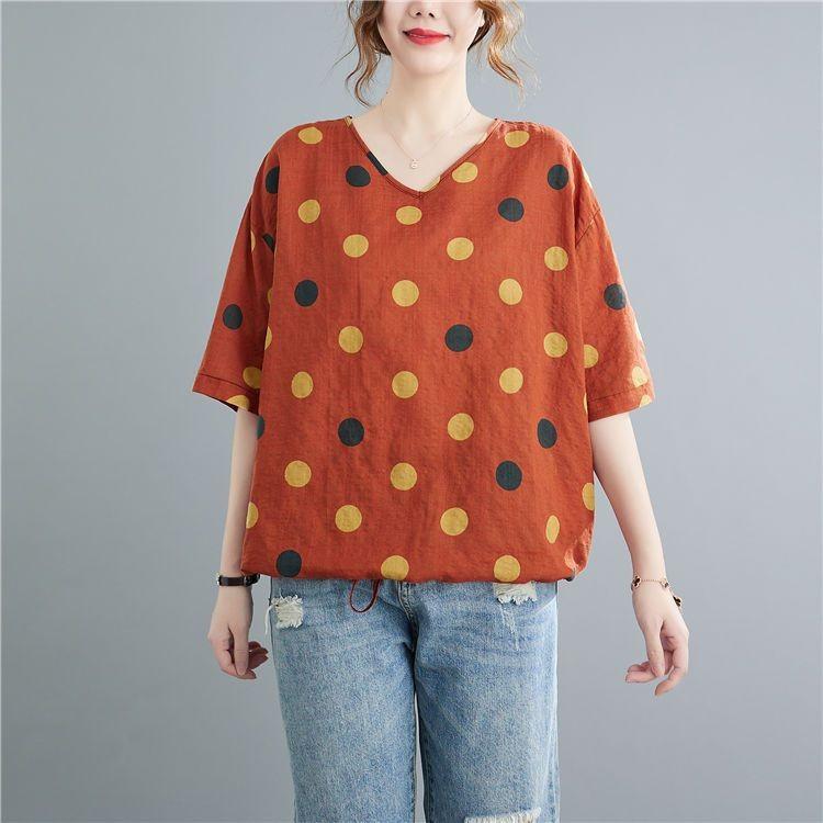 Summer Printed Short-sleeved T-shirt V-neck Cotton and Linen Loose Large-size Women's Top T-shirt Cotton and Linen Shirt