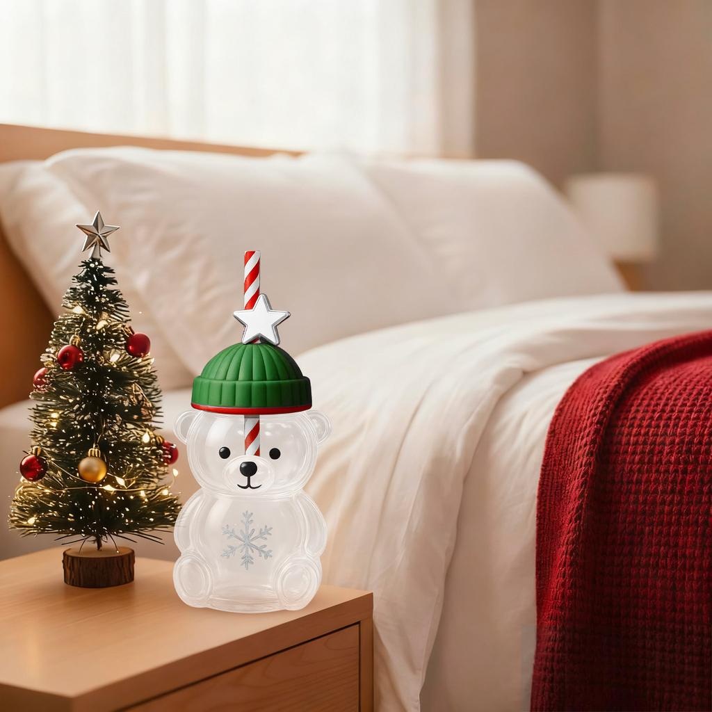 Kubek ze szklaną słomką w kształcie misia: Uroczy przezroczysty design, kubek na wodę z zielonym kapeluszem