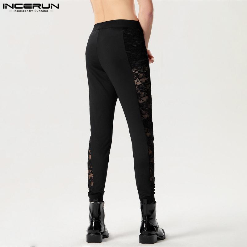 INCERUN Men High Waist Lace Patchwork Skinny Leggings Long Pants Home Wear