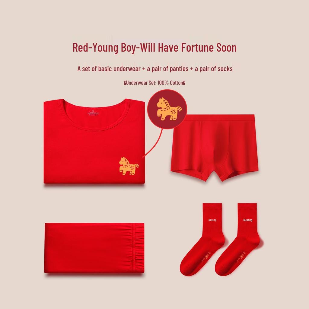 Children's Zodiac Year Red Cotton Wool Underwear Set - Warm Base Layer Shirt and Pants for Boys and Girls In Autumn