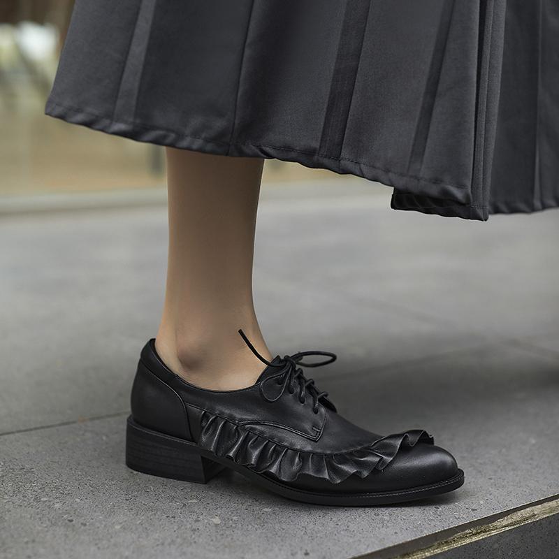 Fashion 2025 Fashion Lace-up Genuine Leather Women Pumps Shoes Woman Mid Heels Loafers Shoes Round Toe Summer Casual Party Ladies 34-40