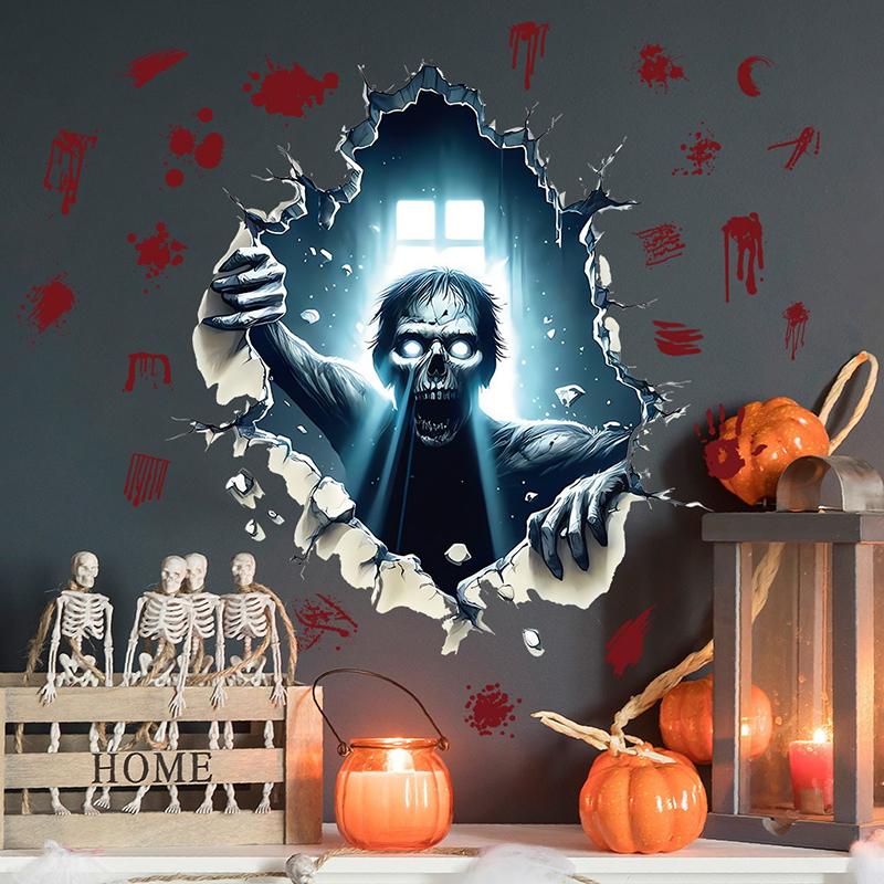 Halloween 3D Effect Wall-Breaking Horror Zombies Climbing Window Wall Stickers Waterproof And Oil-Proof Stickers Removable