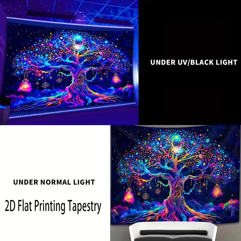 2D UV Reactive Tree of Life Tapestry Blacklight Glowing Psychedelic Wall Decor