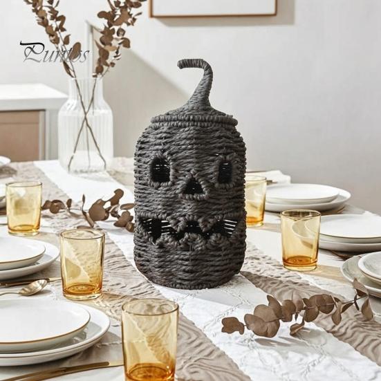 Halloween Candy Holder Handwoven Pumpkin Basket, Spooky Storage Basket with Lid, Vintage Wicker Rustic Seagrass Light Up Lantern LED Candle for Table
