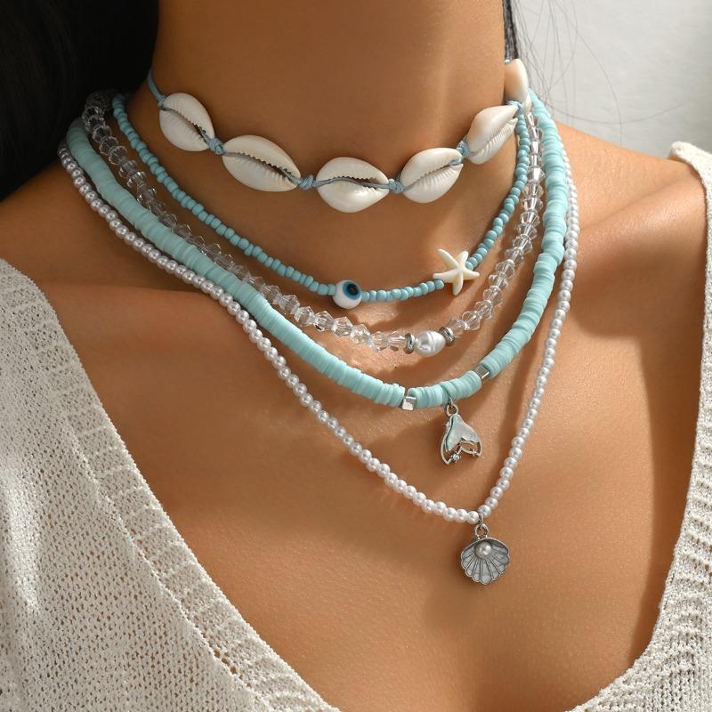 Blue Beaded Necklace, Jewelry, Summer Fashion, Shell Design, High-end Items