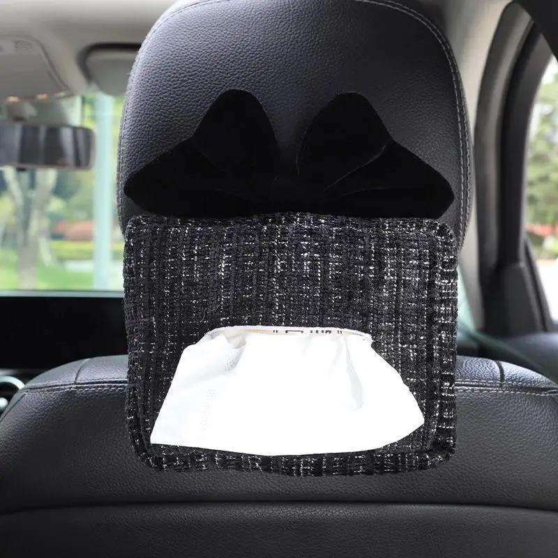 New Cute Cartoon Bowknot Car Tissue Box Female Car Seat Back Armrest Paper Box Seatbelt Cover Interior Decoration Supplies