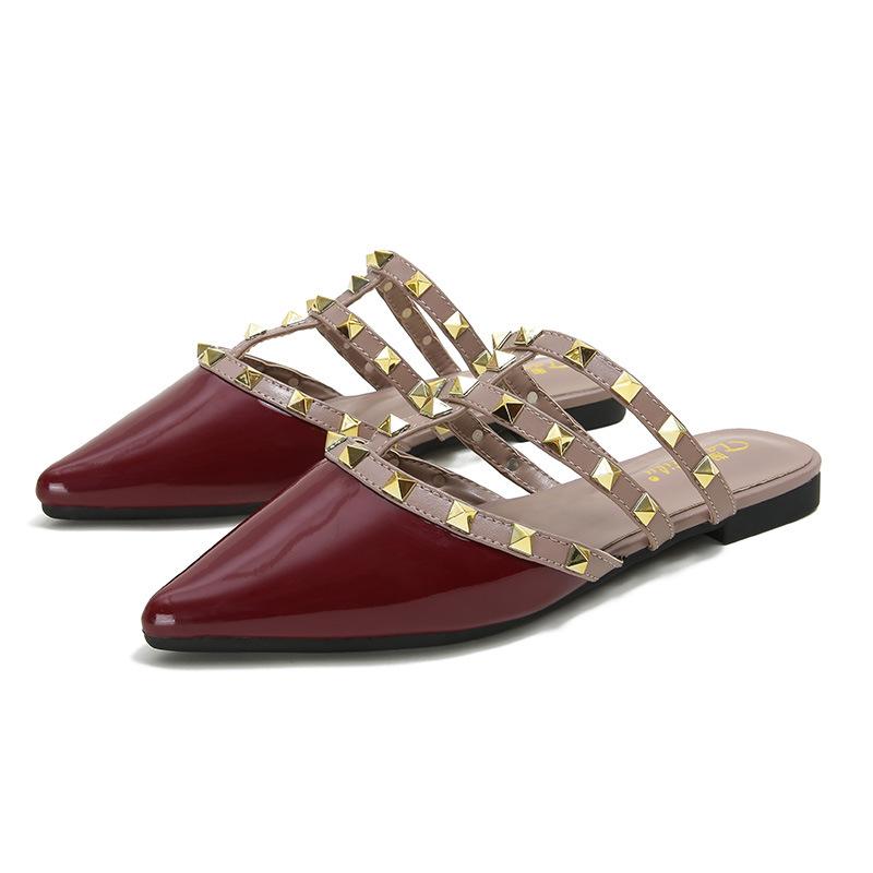 

Большие размеры сандалии на плоской подошве женские летние лакированные кожаные французские туфли с заклепками и заклепками 38 бордовый