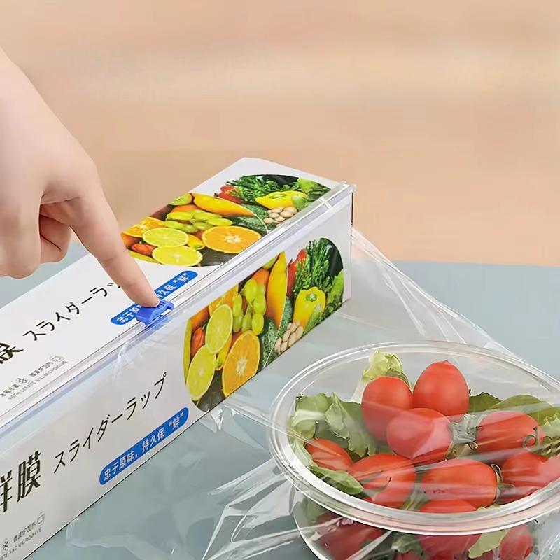 Durable Cling Film with Sliding Knife - Reusable Hands-Free Fresh-Keeping Plastic Wrap, Kitchen Food Cover