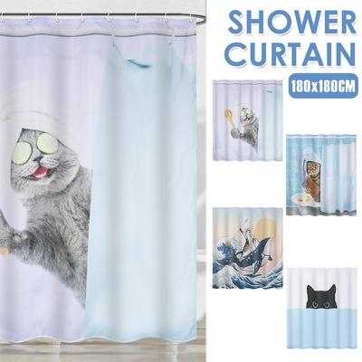 Cortina de Ducha Bonita Poliéster Impermeable Cortina de Baño con 12 Ganchos Patrones de Gatos Divertidos Decoración de Baño para Hogar Apartamento