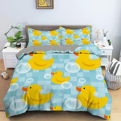 Bettbezug mit Cartoon-Motiv, Gelbe Ente, King-Size-Bett, Queen-Size-Bett, Bauernhof, hübsches Tier-Bettwäscheset, blauer Bettbezug mit Luftpolsterfolie, weicher Bettbezug aus Polyester