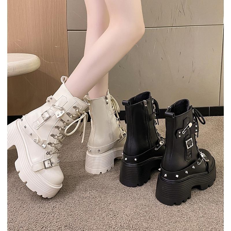New Women Fur Ankle Boots Thick Sole Leather Combat Motorcycle Boot Autumn Winter Warm Plush High Platform Snow Shoes Woman 10CM