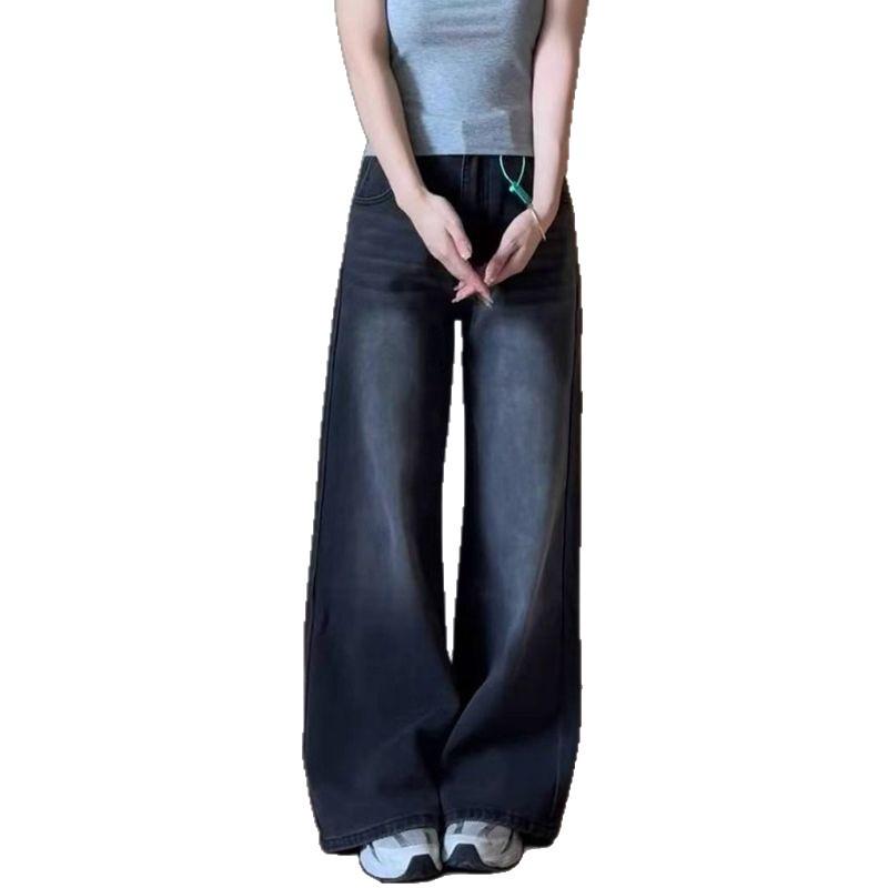 Women's Black-Grey High-Waisted Wide-Leg Denim Jeans, Spring/Autumn 2026, Junior High/High School, Slimming, Floor-Length