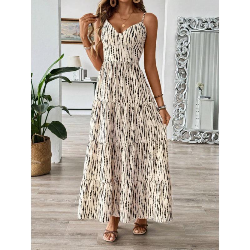 YYFS Women's Fashion Summer Spring Stripe Print Sleeveless V-Neck High Waist Casual Dresses